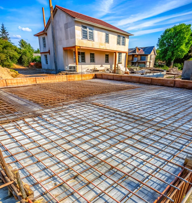 Concrete Foundation with Rebar in Residential Site Preparation Construction