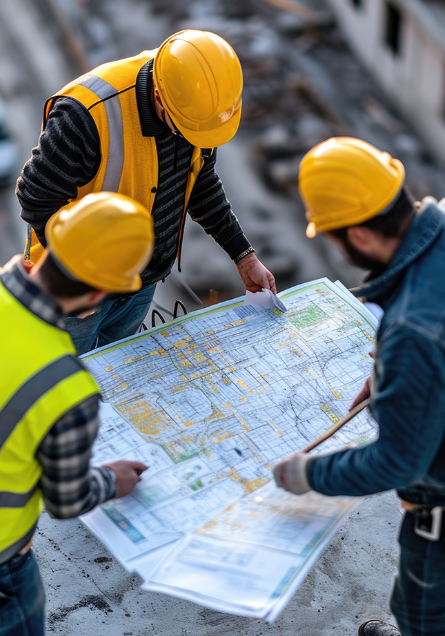 Construction Workers Reviewing Blueprints at Site Preparation for Building Construction
