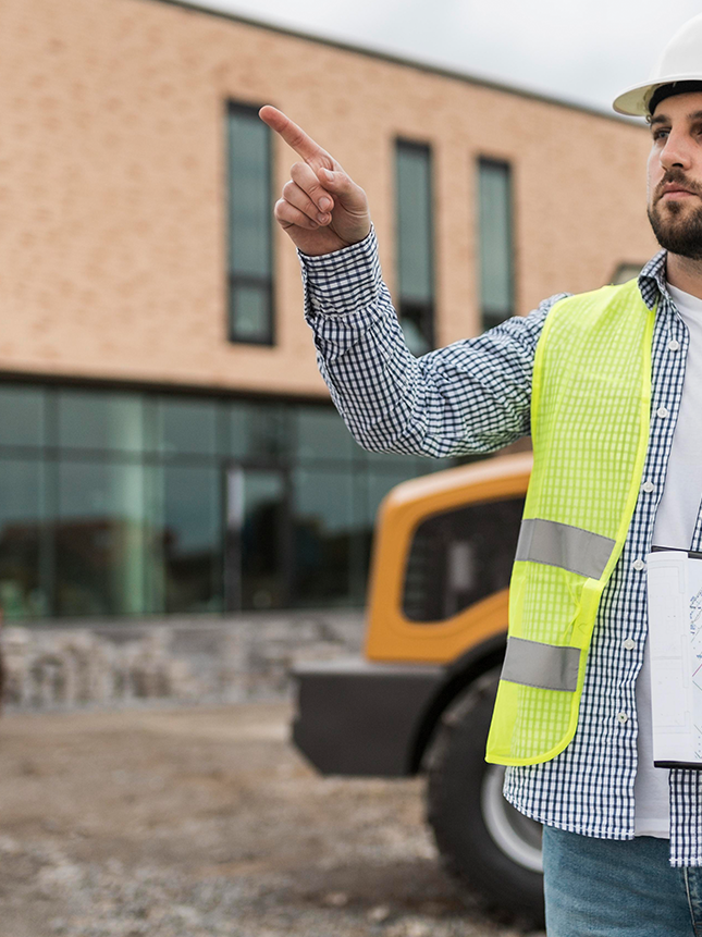 Construction Contractor Directing Work at Building Site with Equipment