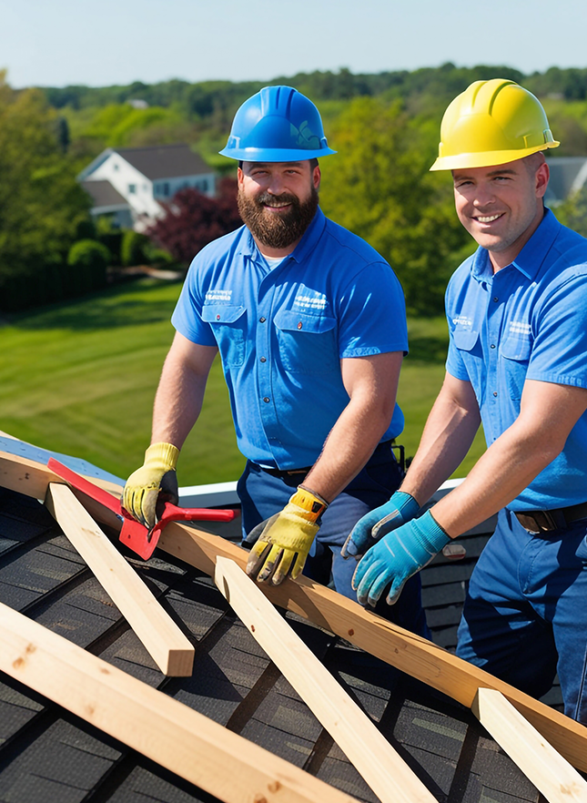 Two Construction Workers Installing Roof Shingles on a Sunny Day