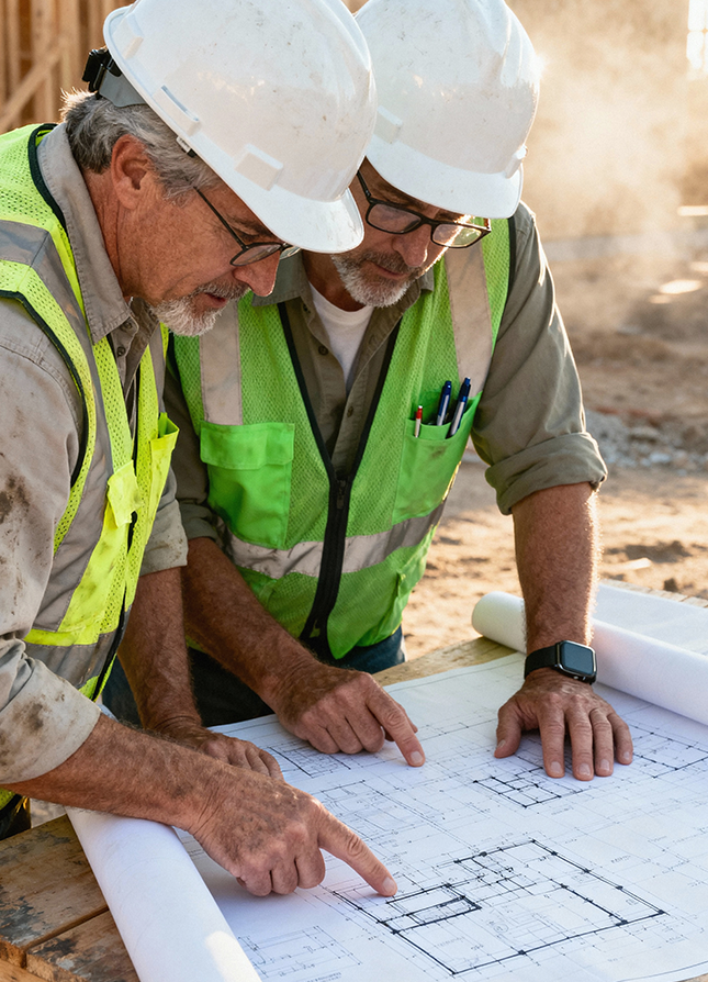 Two Construction Workers Reviewing Blueprints On Site Preparation Plan