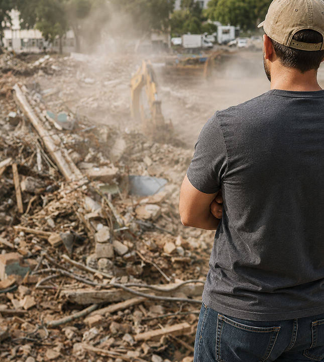 Construction Worker Overseeing Site Preparation for Building Construction